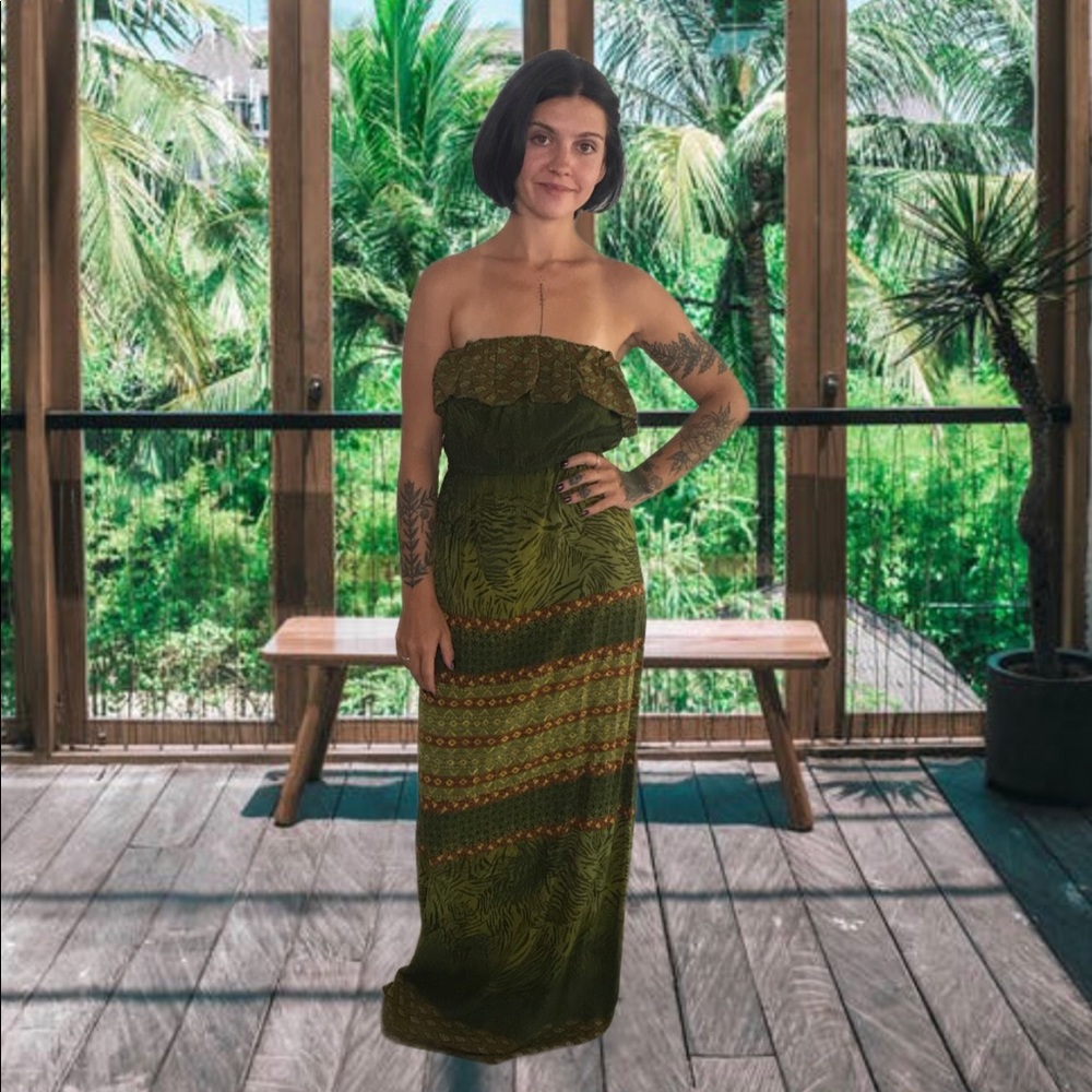 Boho strapless green maxi dress